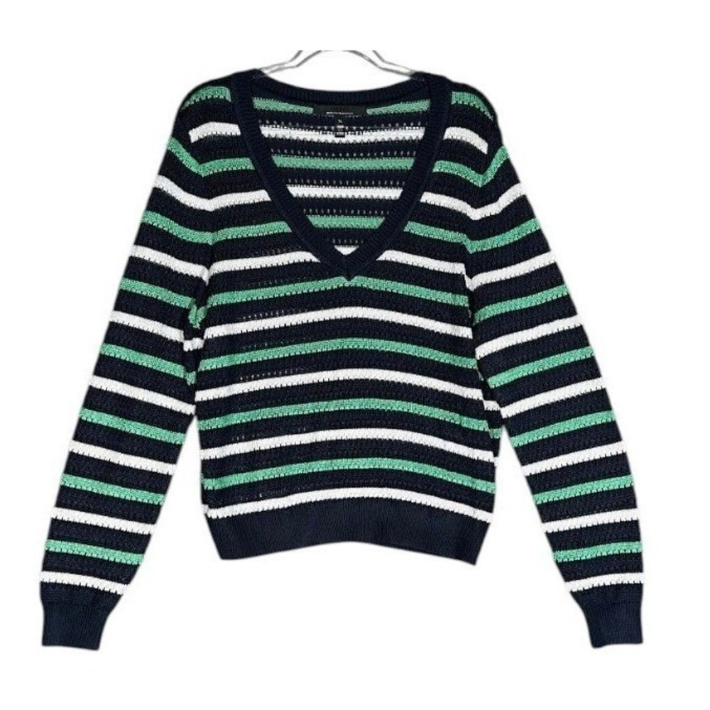 White House Black Market Sweater Women XL Green Navy Striped V-Neck Knit WHBM